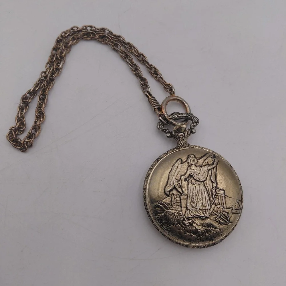 Vintage Sundial 17 Jewels Pocket Watch Etched Design Chain Not Working